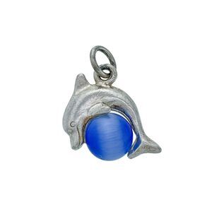 Vintage Estate Sterling Silver 925 Blue Chrysoberyl Bead Dolphin Charm Pendant